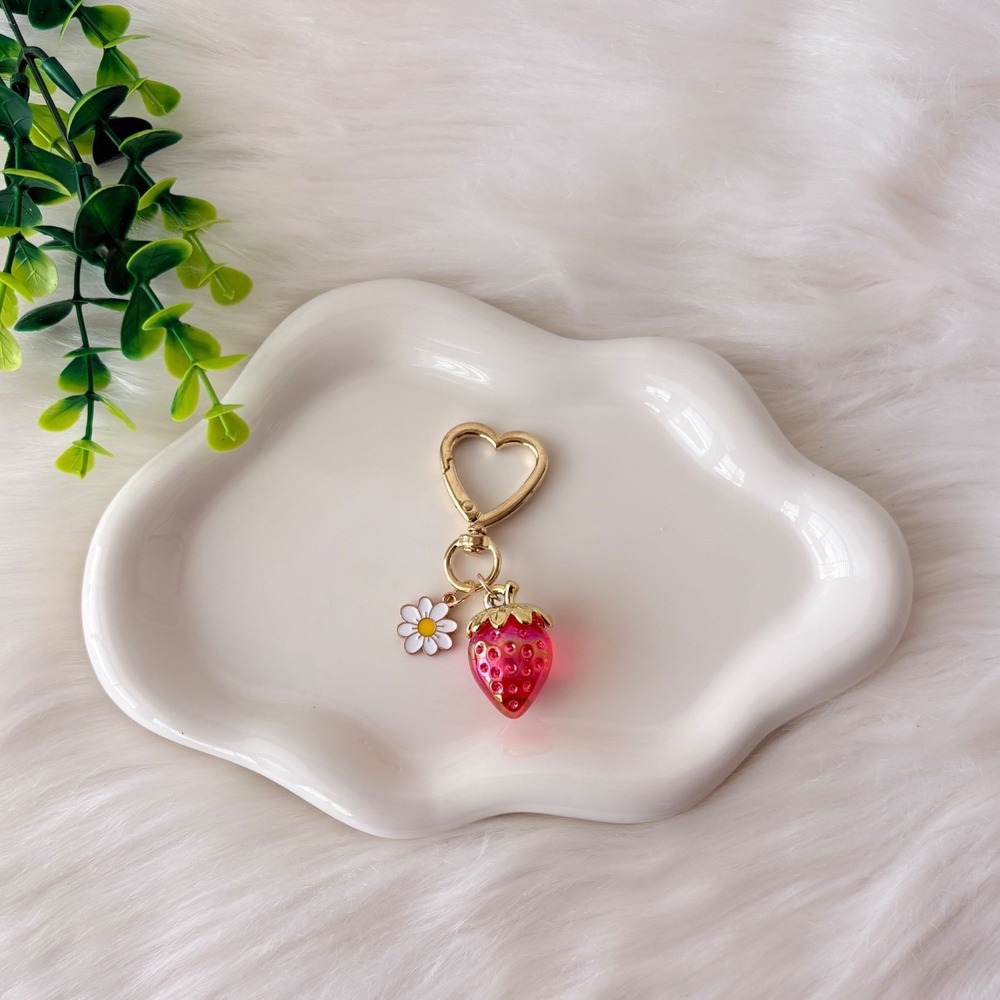 Iridescent Strawberry Keychain/ Bag Charm With Heart Clasp And Daisy